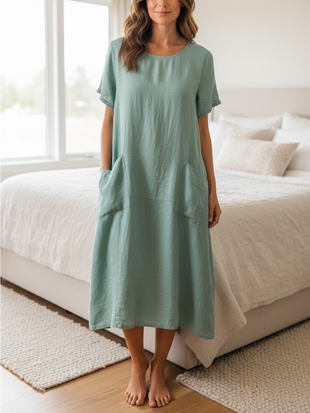 Puro Lino Italian Linen Lagenlook Midi Dress Green Blue Large O/S